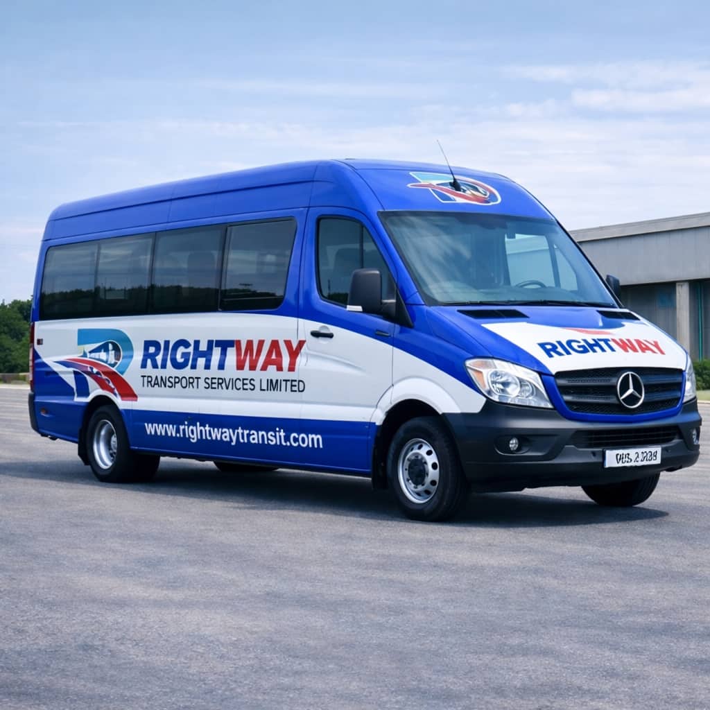 Rightway Transport Services branded Mercedes-Benz Sprinter bus on the road